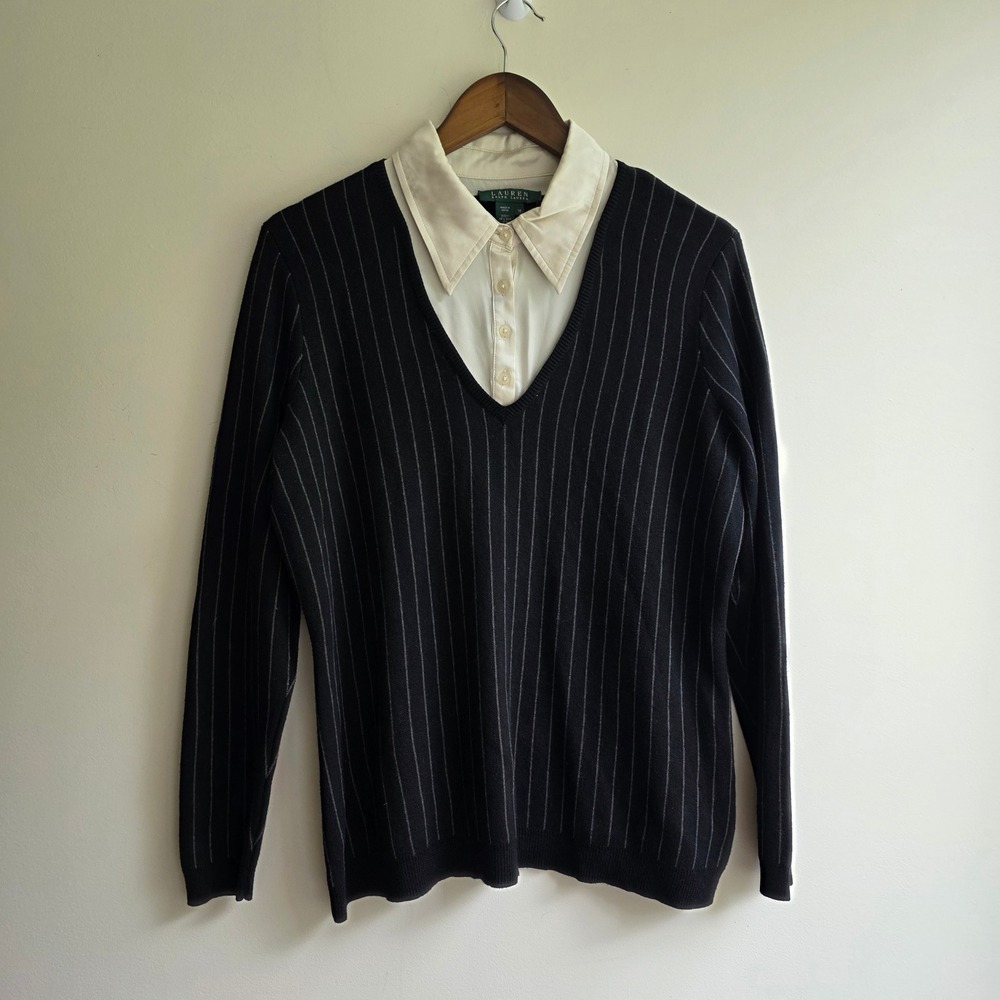 Lauren Ralph Lauren Silk Cashmere Pinstripe Sweater Black 1X Old Money Preppy